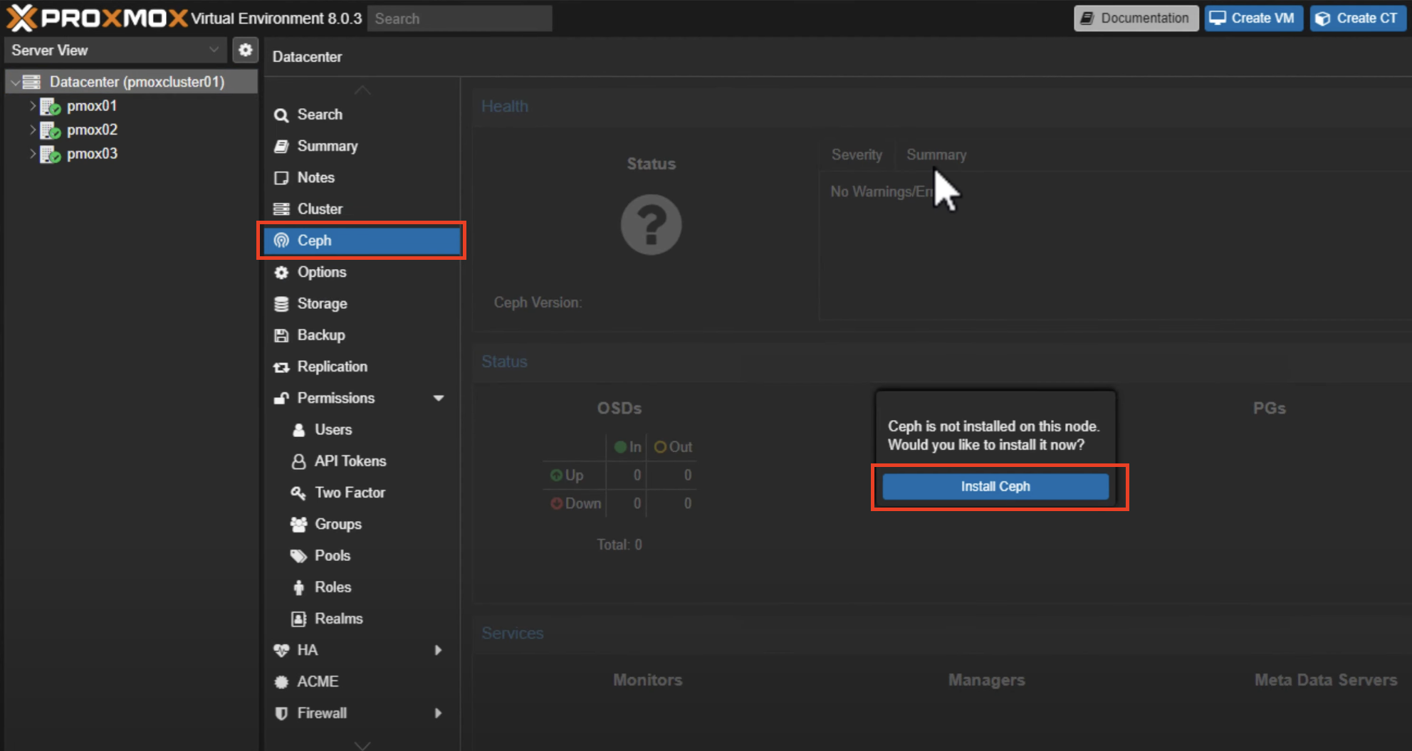 A screen showing how to install Proxmox Ceph on all nodes
